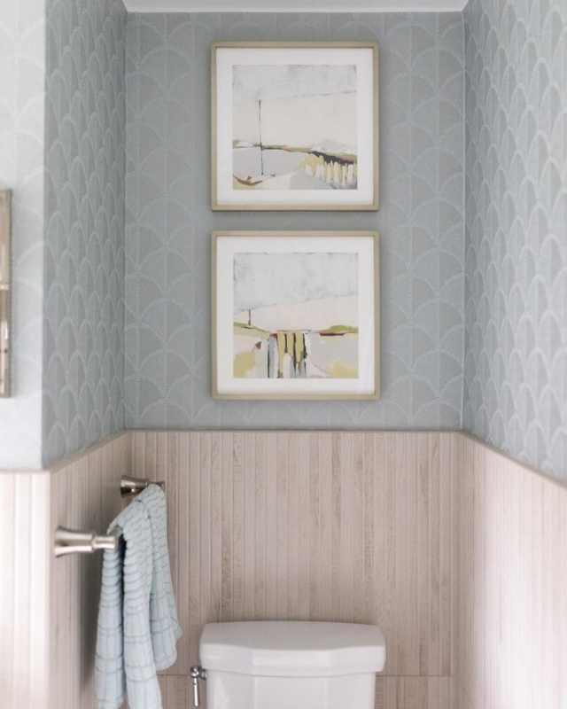 Coastal Bathroom Wall Decor with Scalloped Wallpaper Accent