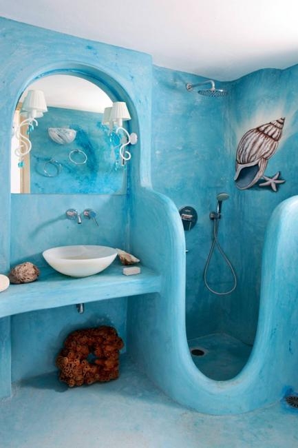 Coastal Bathroom with Sculptural Plaster Forms and Bright Blue Palette