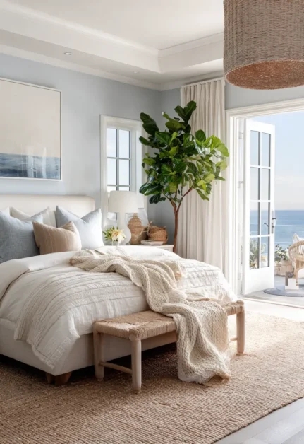 Coastal Bedroom Styling with Chunky Knit Throw and Woven Bench