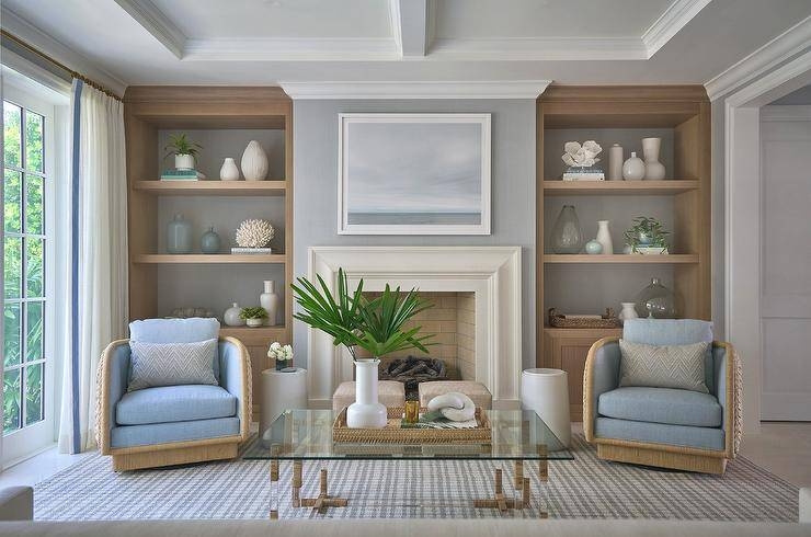 Coastal Blue Accent Chairs in Symmetrical Living Room with Built-Ins