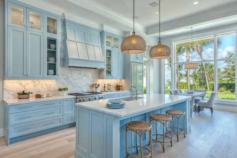 Coastal Blue Kitchen Cabinets with Woven Pendant Lighting