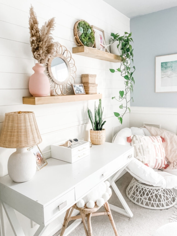 Coastal Boho Bedroom Desk Setup with Rattan Lamp & X-Frame Desk