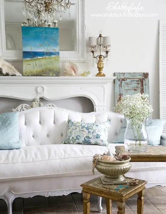 Coastal Cottage White Sofa with Button Tufting & Distressed Gold Accents