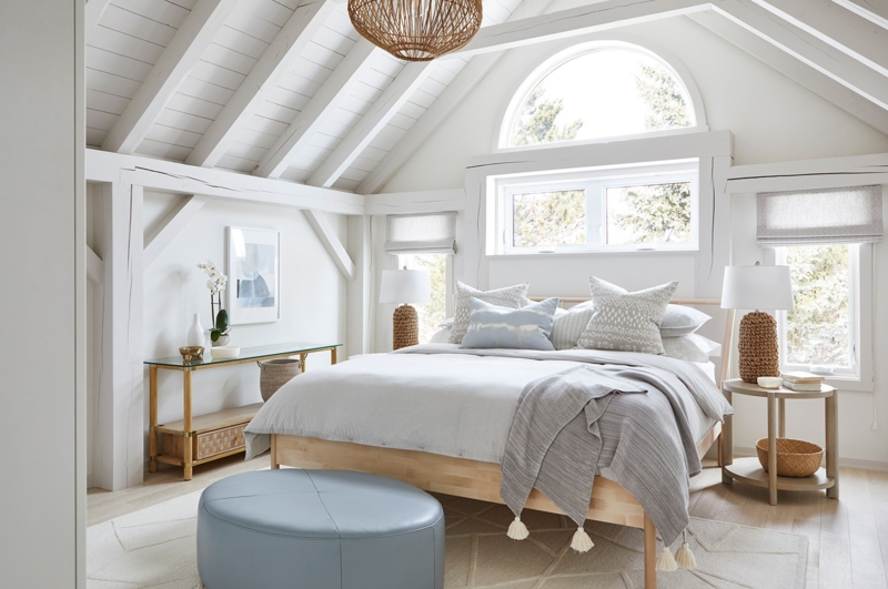 Coastal Farmhouse Bedroom with White Exposed Rafters and Arched Window