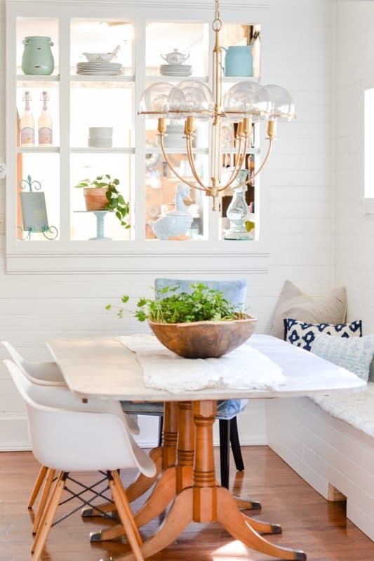 Coastal Farmhouse Nook: White Shiplap Banquette & Pass Through Shelving