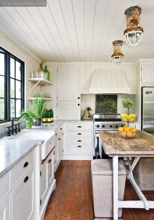 Coastal Kitchen with Plank Ceiling and Nautical Pendant Lights