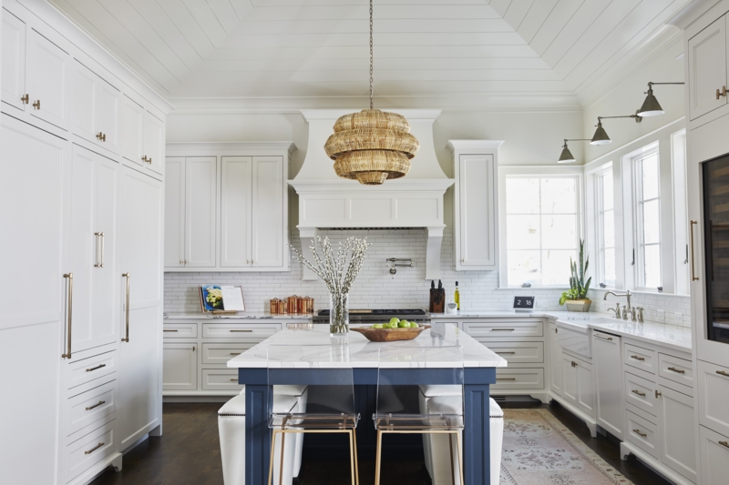 Coastal Kitchen with Tiered Woven Pendant and Vaulted Shiplap Ceiling