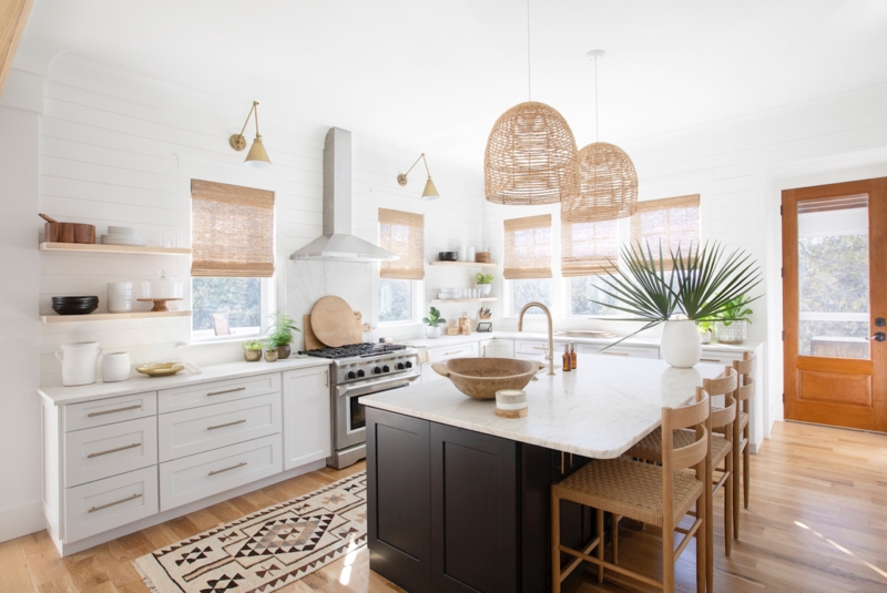 Coastal Kitchen with White Shiplap Walls and Black Island Base