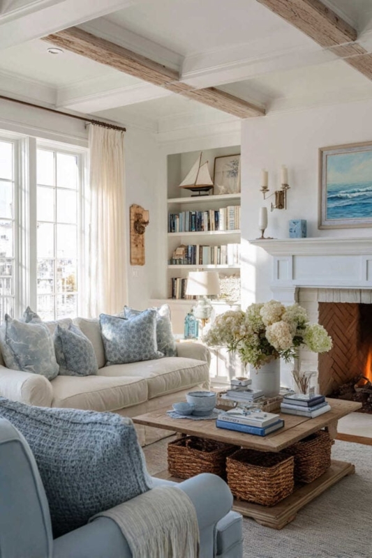 Coastal Living Room Decor featuring Herringbone Brick Fireplace and Beams