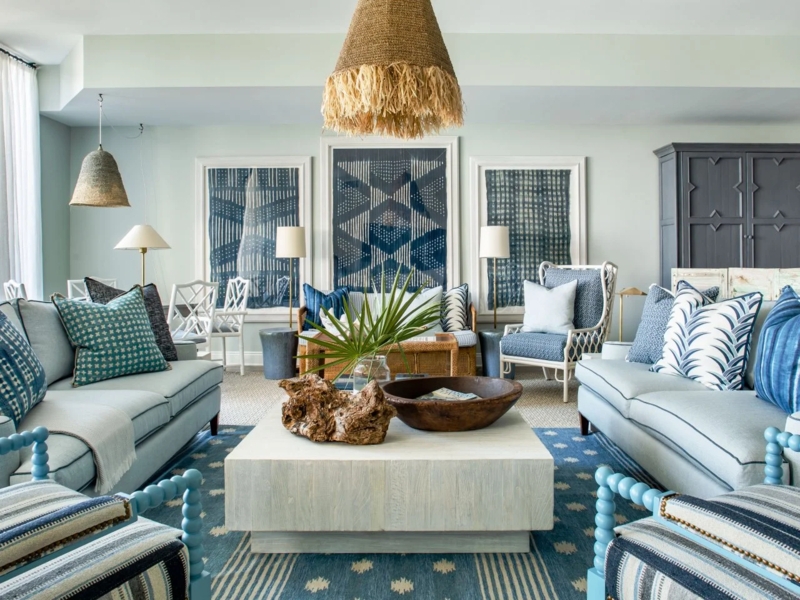 Coastal Living Room with Indigo Textile Wall Art and Beaded Frame Chairs