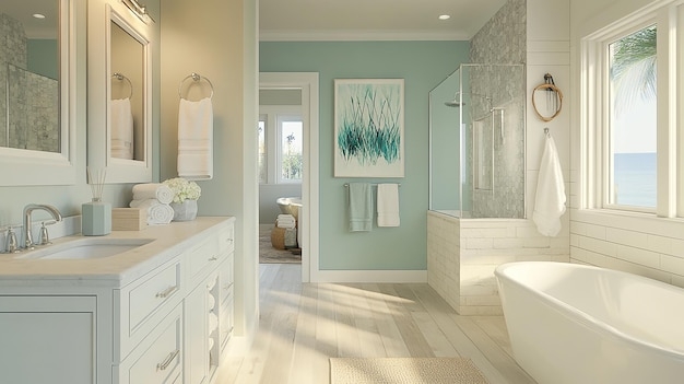 Coastal modern bathroom design with ocean views | Premium Photo