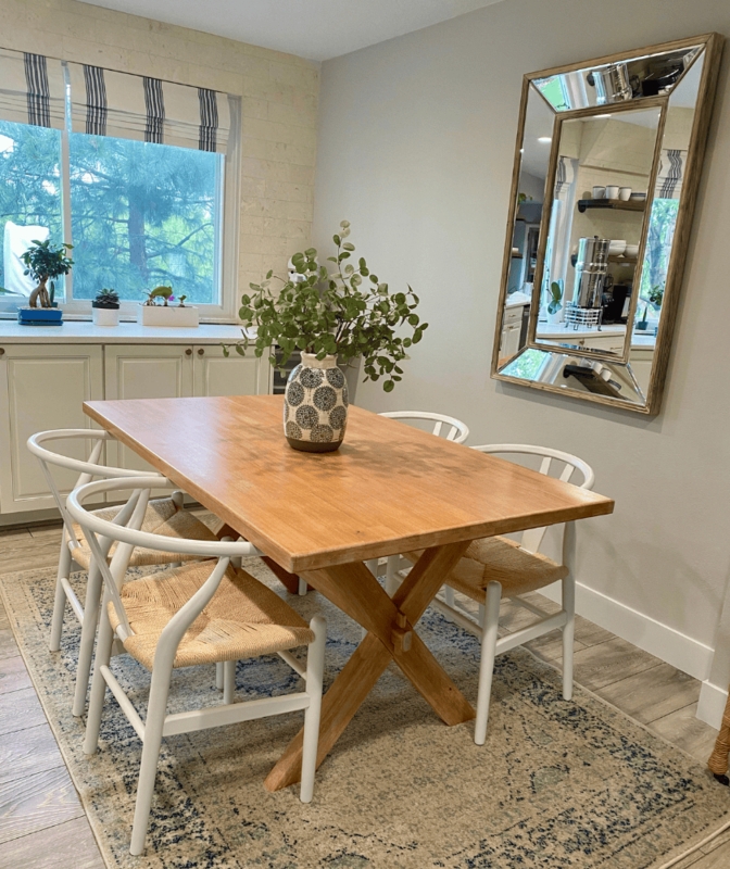 Coastal Modern Dining: X-Base Wood Table & White Wishbone Chairs