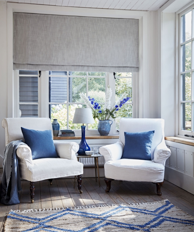 Coastal Reading Nook: Slipcovered Chairs and Oversized Roman Shade