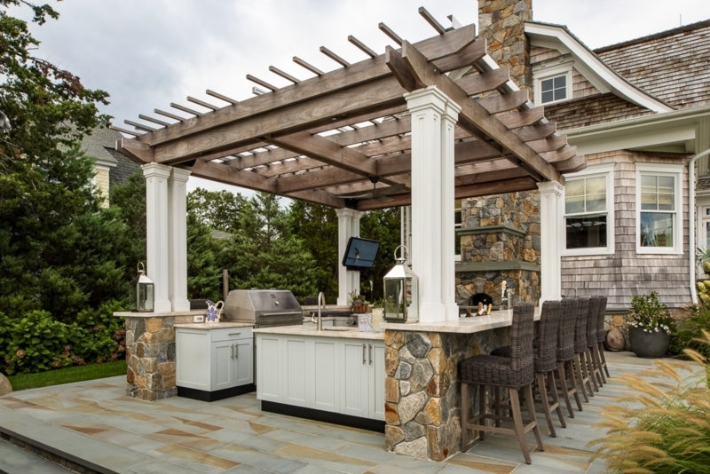 Coastal Style Outdoor Entertaining: White Shaker Cabinets & Big Pergola