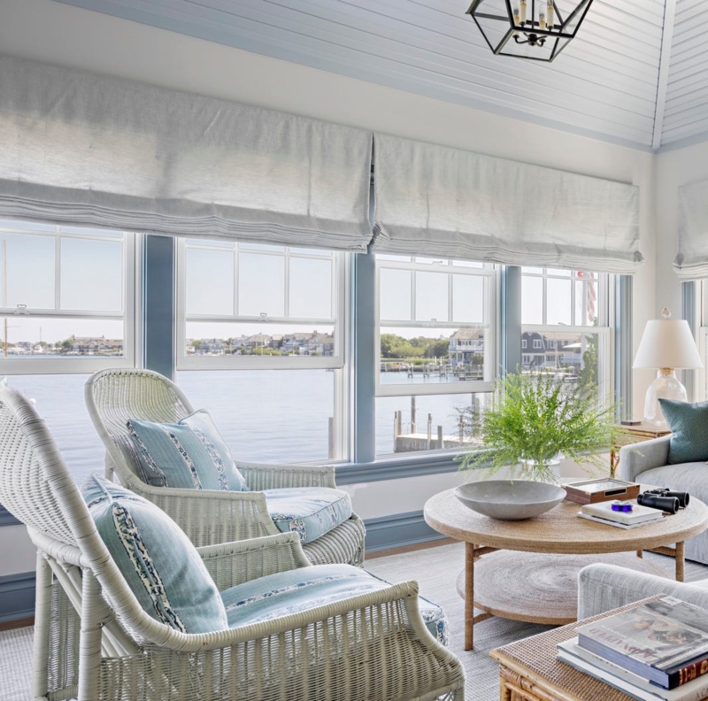 Coastal Sunroom: Blue Beadboard Ceiling and Wicker High Back Chairs