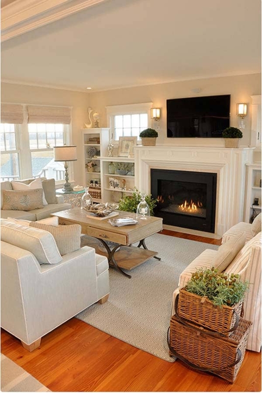 Coastal Transitional Living Room with Fireplace Mantel and Mounted TV