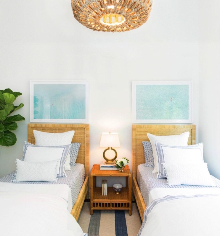 Coastal Twin Bedroom with Woven Rattan Headboards and Light Blue
