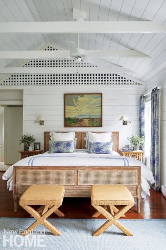 Coastal Wall Sconce Swing Arm Shiplap Walls Woven Cane Bed
