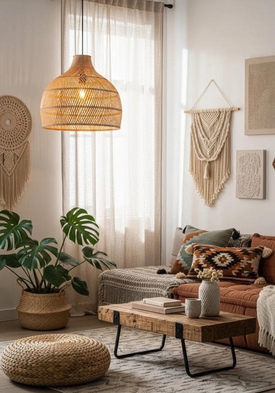 Coffee Table of Reclaimed Wood with Macrame Wall Art