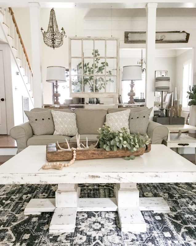 Coffee Table Whitewashed Trestle Base Rustic Dough Bowl Centerpiece