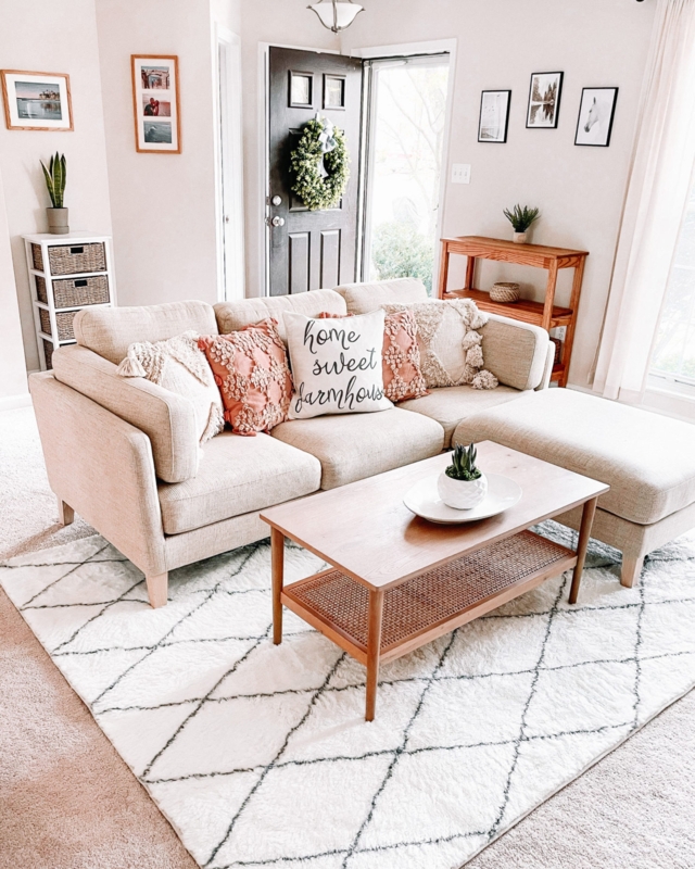 Coffee Table with Cane Shelf and Diamond Shag Rug