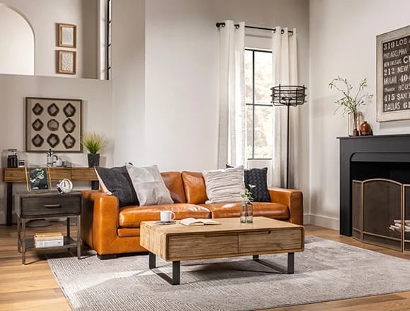 Cognac Leather-Like Sofa: Industrial Living Room with Cage Floor Lamp