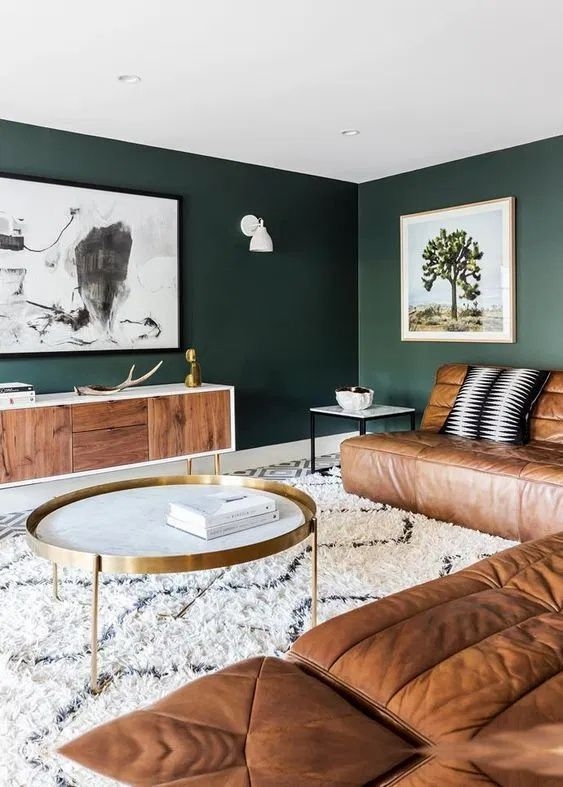 Cognac Leather Sectional Living Room with Dark Green Walls