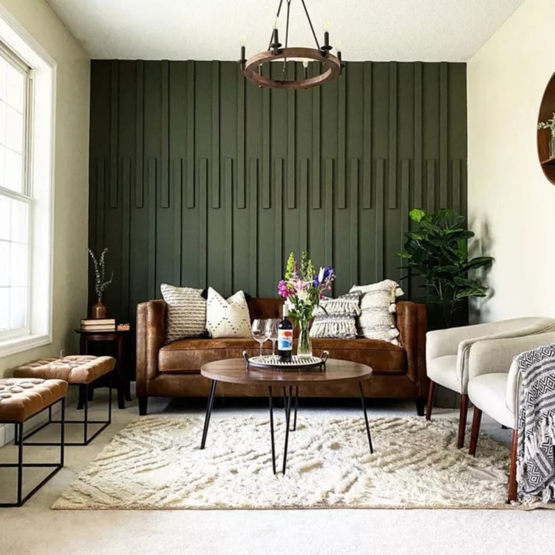 Cognac Leather Sofa in Living Room with Green Slat Wall