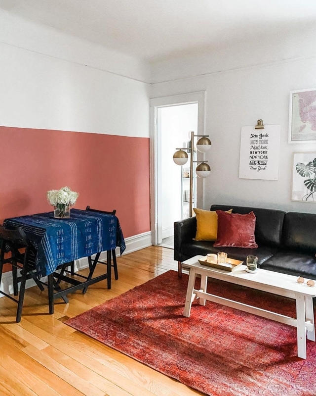 Color Blocked Accent Wall Ideas in Terracotta and White Living Room