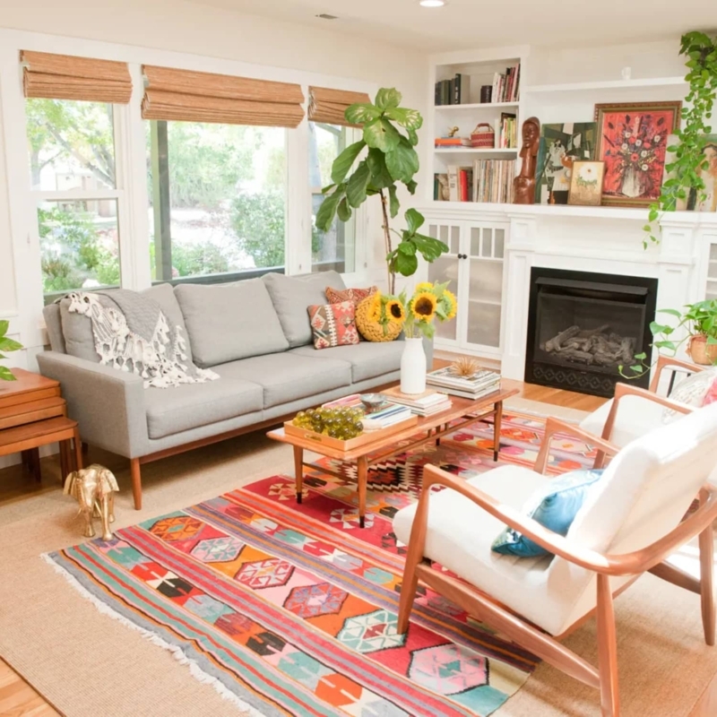 Colorful Bohemian Rug Layering Ideas with Built-In Shelving