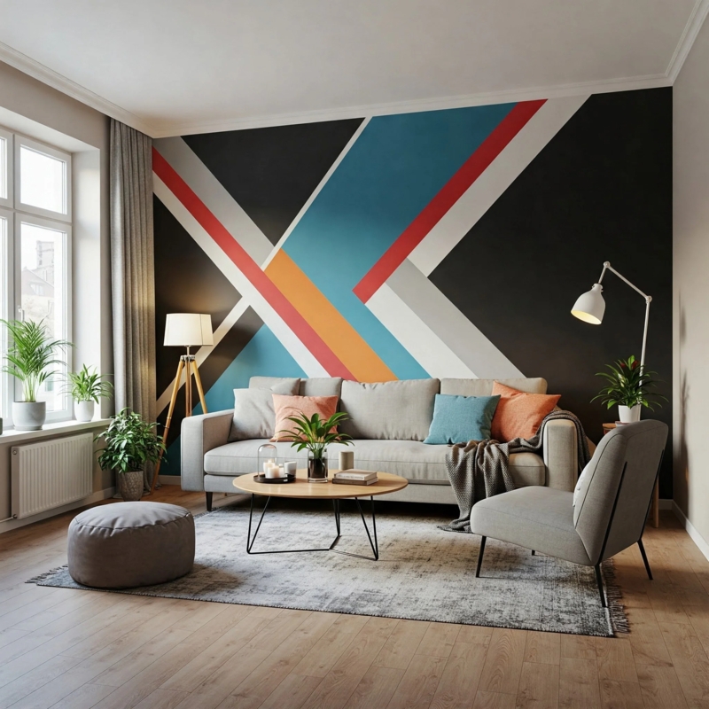 Colorful Geometric Wall Mural Design: Contemporary Grey Sofa Styling