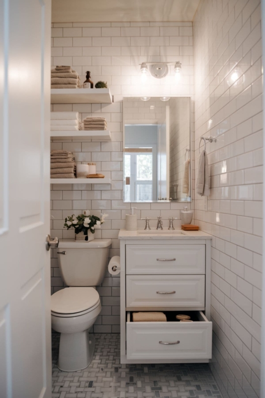 Compact Bathroom featuring wall-to-wall subway tile. SEO: over-the-toilet floating shelves.