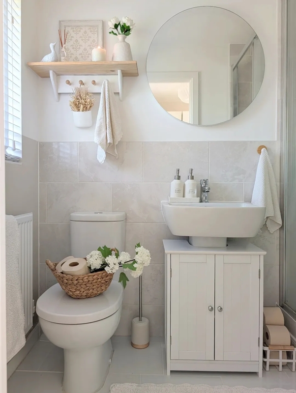 Compact Bathroom wall shelf with peg hooks and round mirror. SEO: over toilet storage solutions.