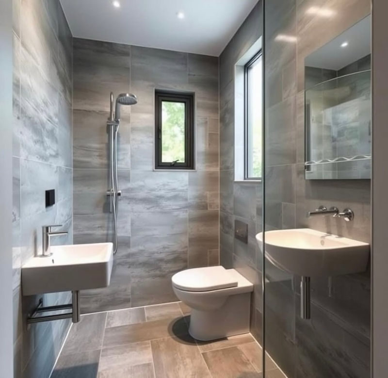Compact Modern Bathroom with Wall Mounted Fixtures and Seamless Tile