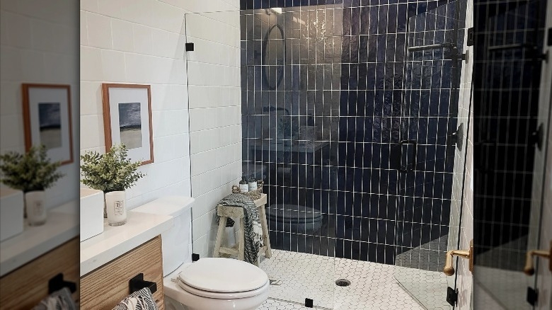 Compact Modern Walk-In Shower with Navy Blue Vertical Accent Wall