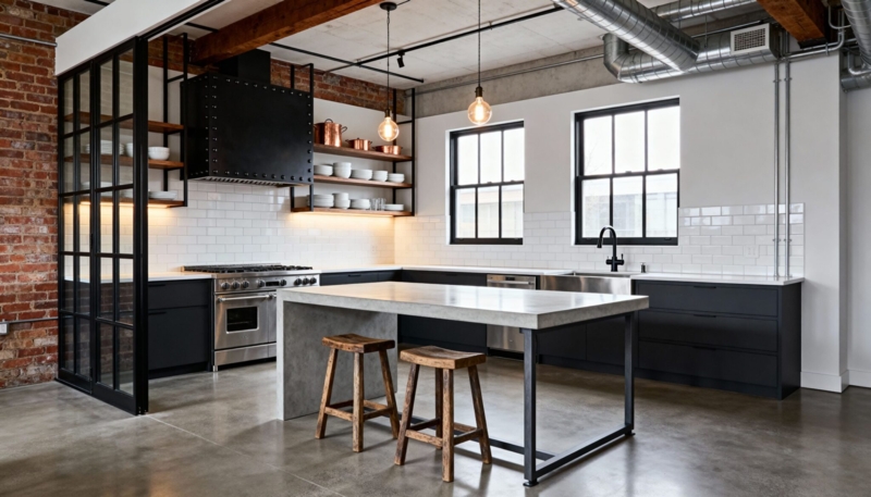 Concrete Waterfall Island Design: Riveted Black Range Hood
