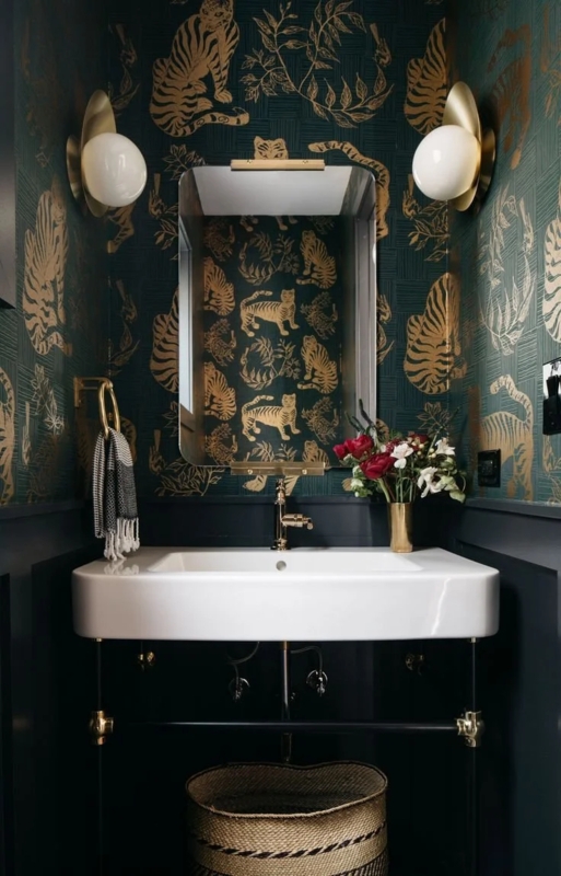 Console Sink Bold Tiger Wallpaper Powder Room: Black and Gold Console