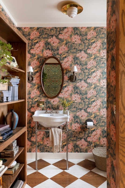 Console Sink: Checkered Wood Floor Design with Floral Wallpaper