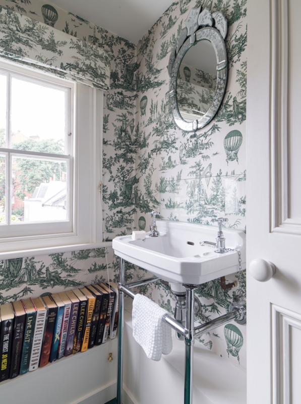 Console Sink in Powder Room with Hot Air Balloon Toile Wallpaper