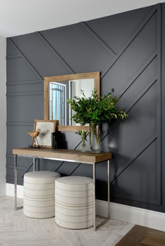 Console Table with Charcoal Geometric Accent Wall and Ribbed Stools