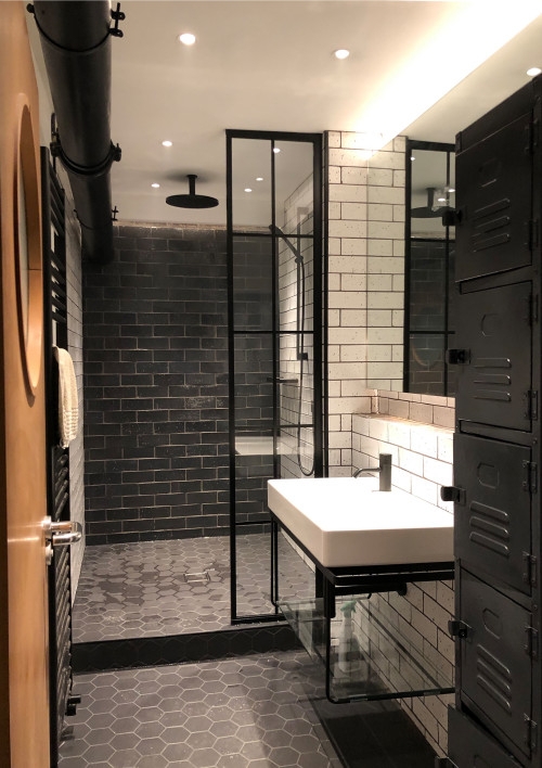 Console Vanity with Industrial Lockers and Exposed Black Plumbing