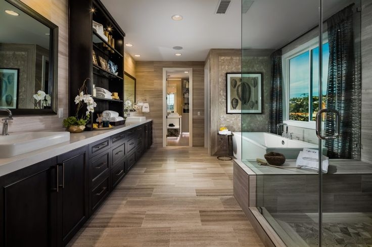Contemporary Bathroom: Dark Wood Vanity & Linear Tile