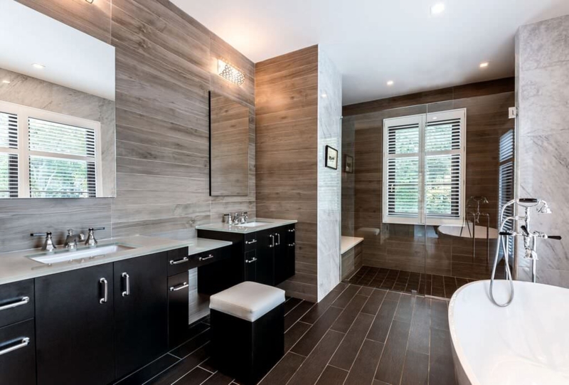 Contemporary Bathroom Design featuring Wood Look Wall Tiles and Tub