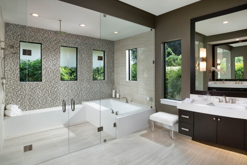 Contemporary Bathroom Design with Mosaic Tile Accent Wall and Tub