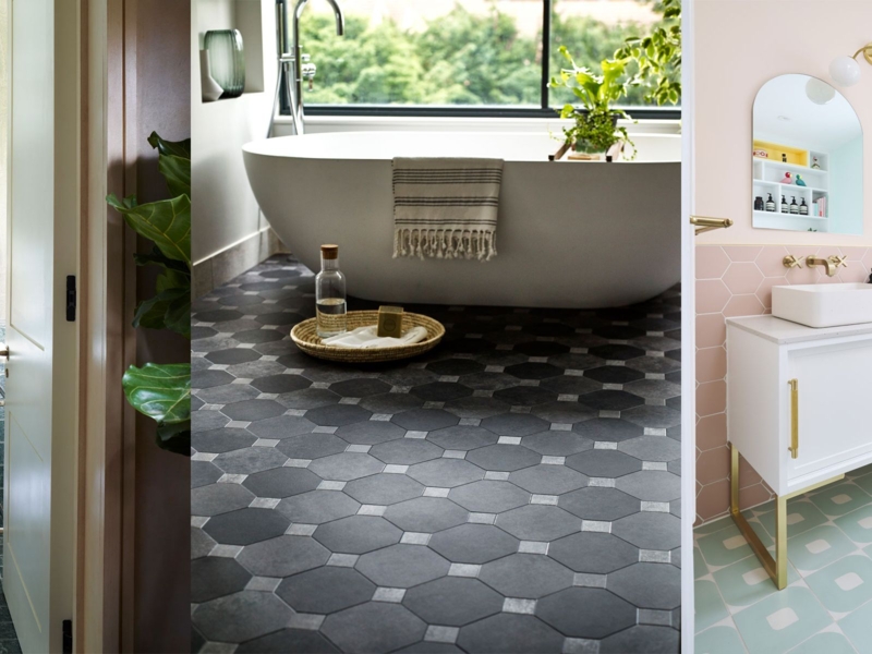 Contemporary Bathroom: Freestanding Tub with Geometric Floor and Pink Tile