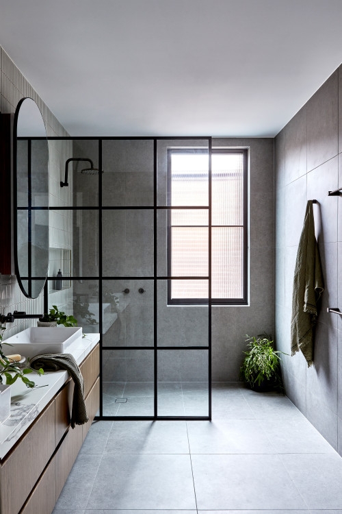 Contemporary Bathroom Grid Shower Screen Floating Vanity