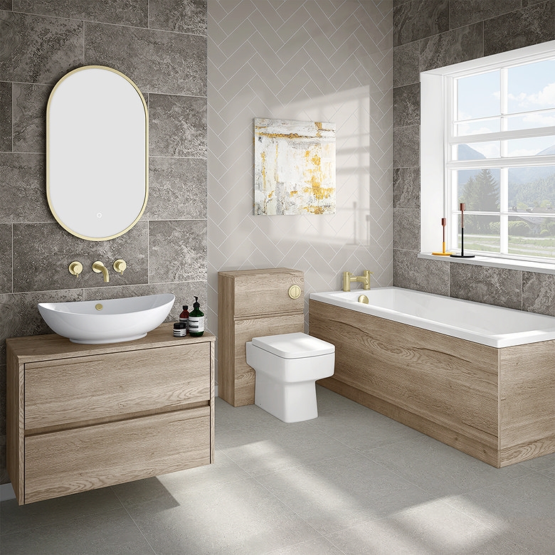 Contemporary Bathroom: Herringbone Tile Accent Wall & Wood Vanity