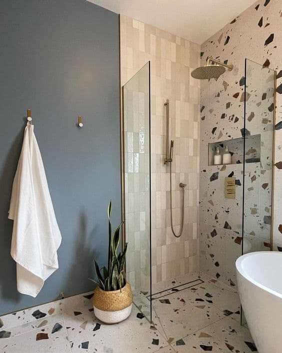 Contemporary Bathroom: Large Scale Terrazzo Tiles & Gold Fixtures