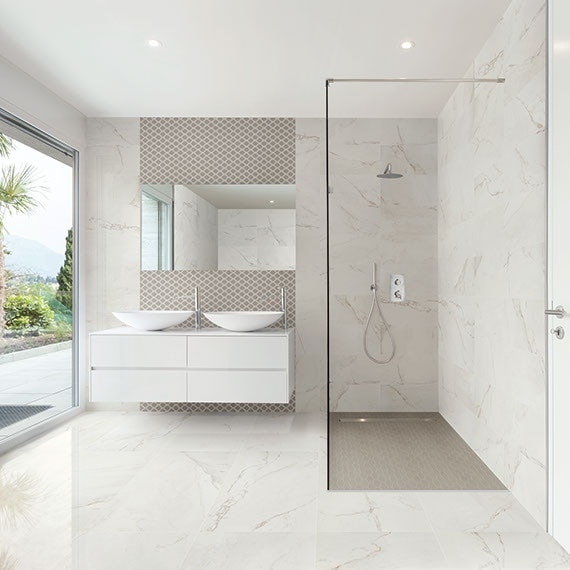Contemporary Bathroom Marble Look Tiles, Geometric Wall. Floating Double Vanity.