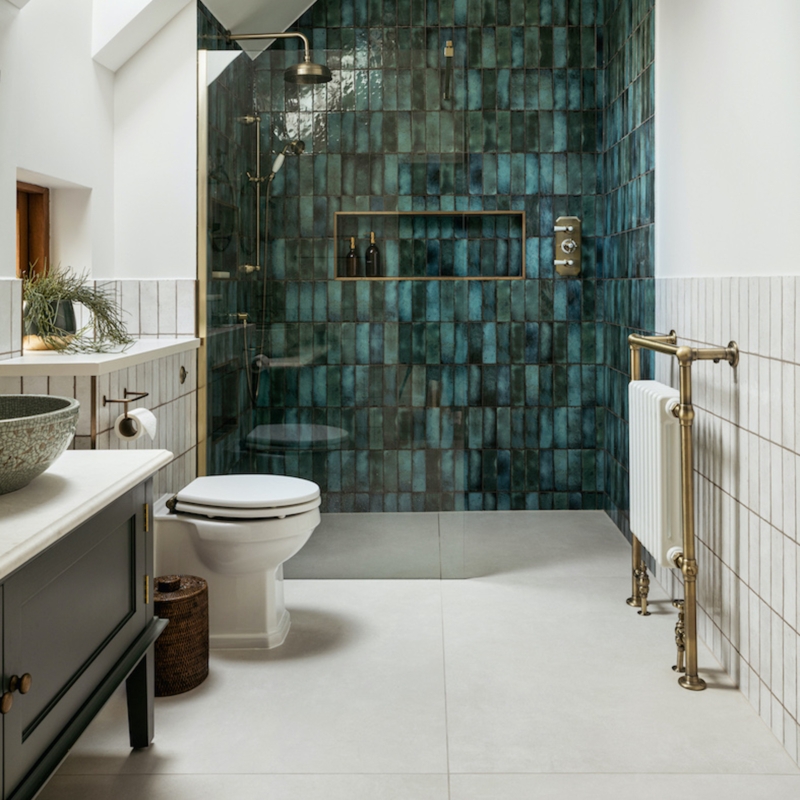 Contemporary Bathroom: Teal Vertical Tiles & Brass Towel Radiator